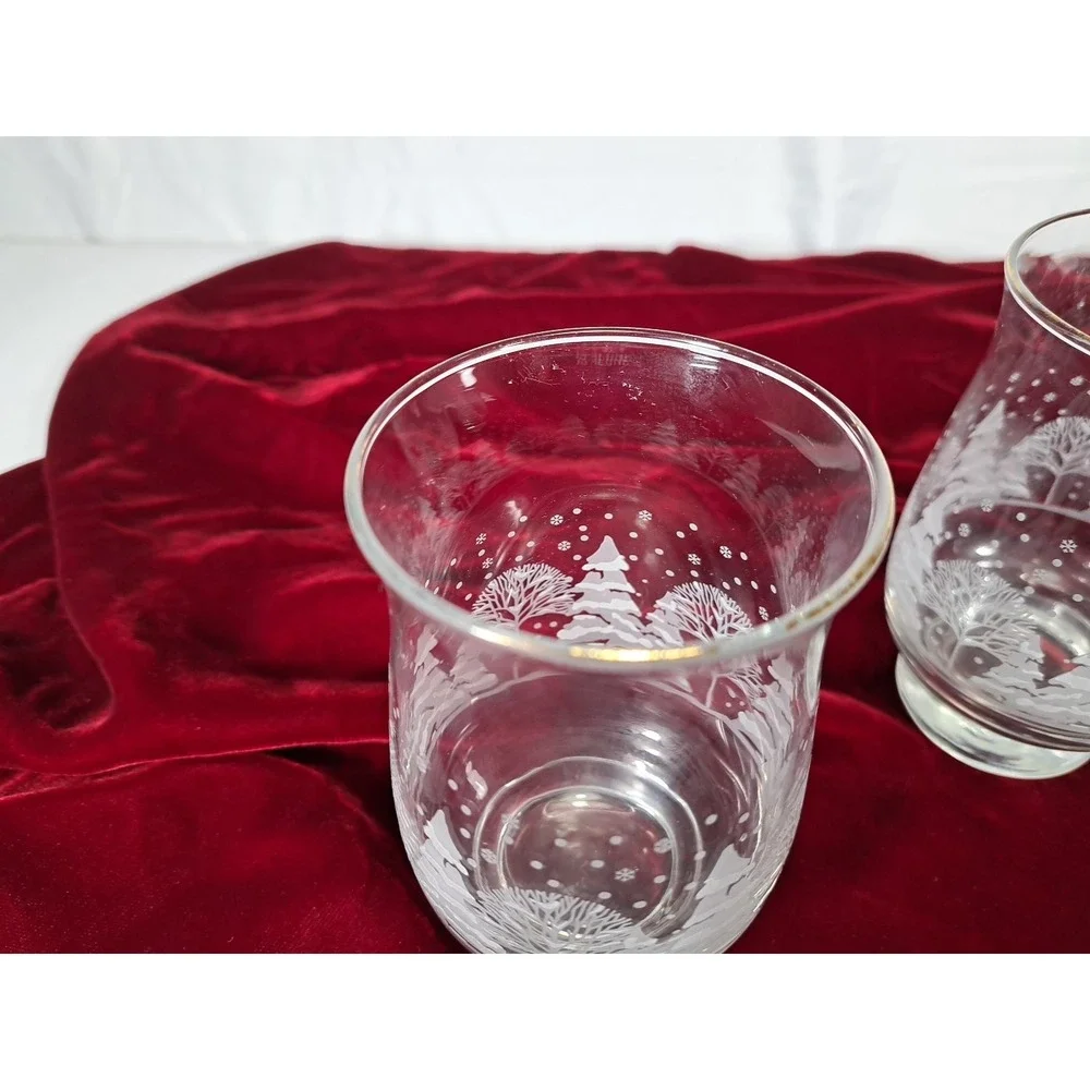 Set of 3 Winter Forest Frosted Glass Votive Candle Holders Gold Rim Christmas